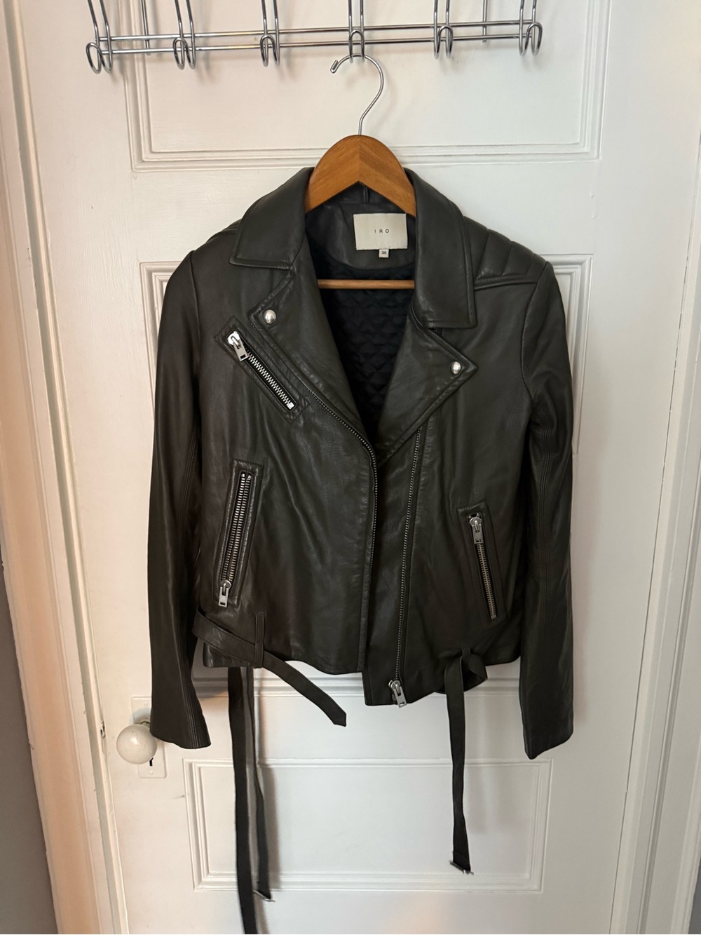 IRO Midnight Green Leather Moto Jacket with Zip Details